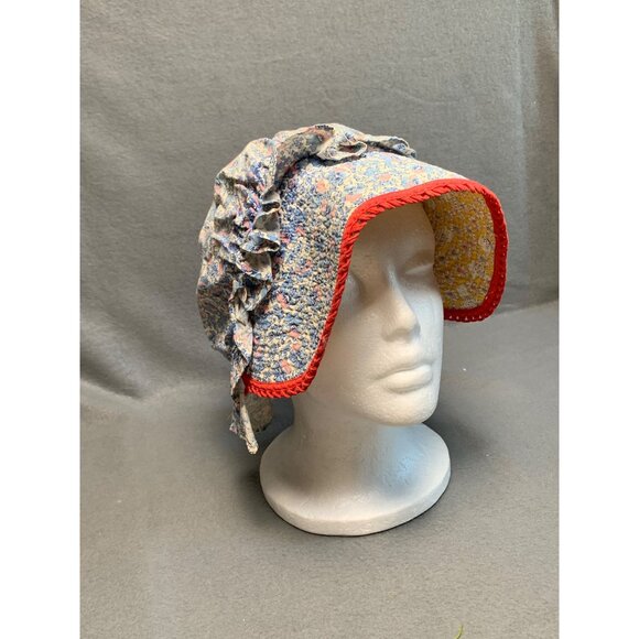 Vintage Womens Floral Bonnet with Red Trim & Ruffles - Picture 9 of 15